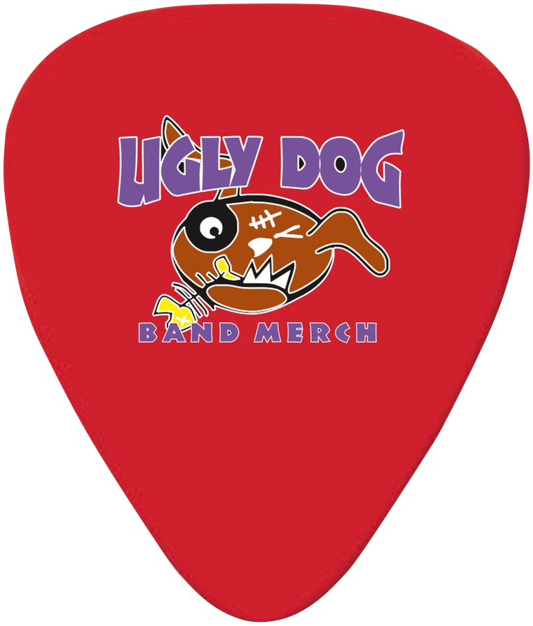 Red 351 Delrin pick with a full-colour Ugly Dog artwork example.