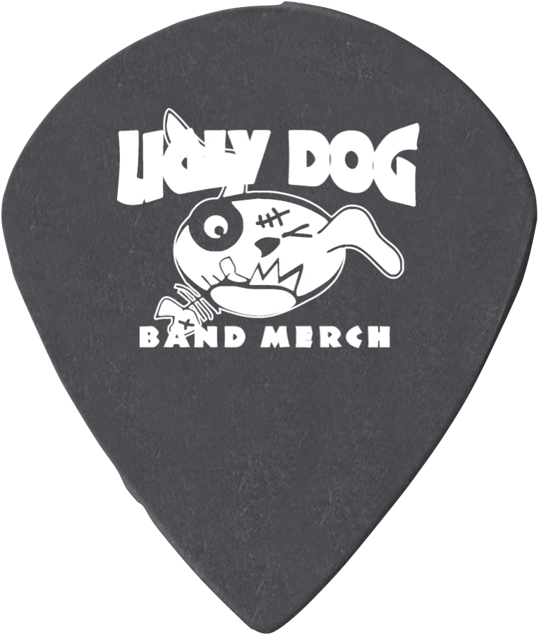 Black Jazz XL Delrinex pick with a white single-colour Ugly Dog artwork example.