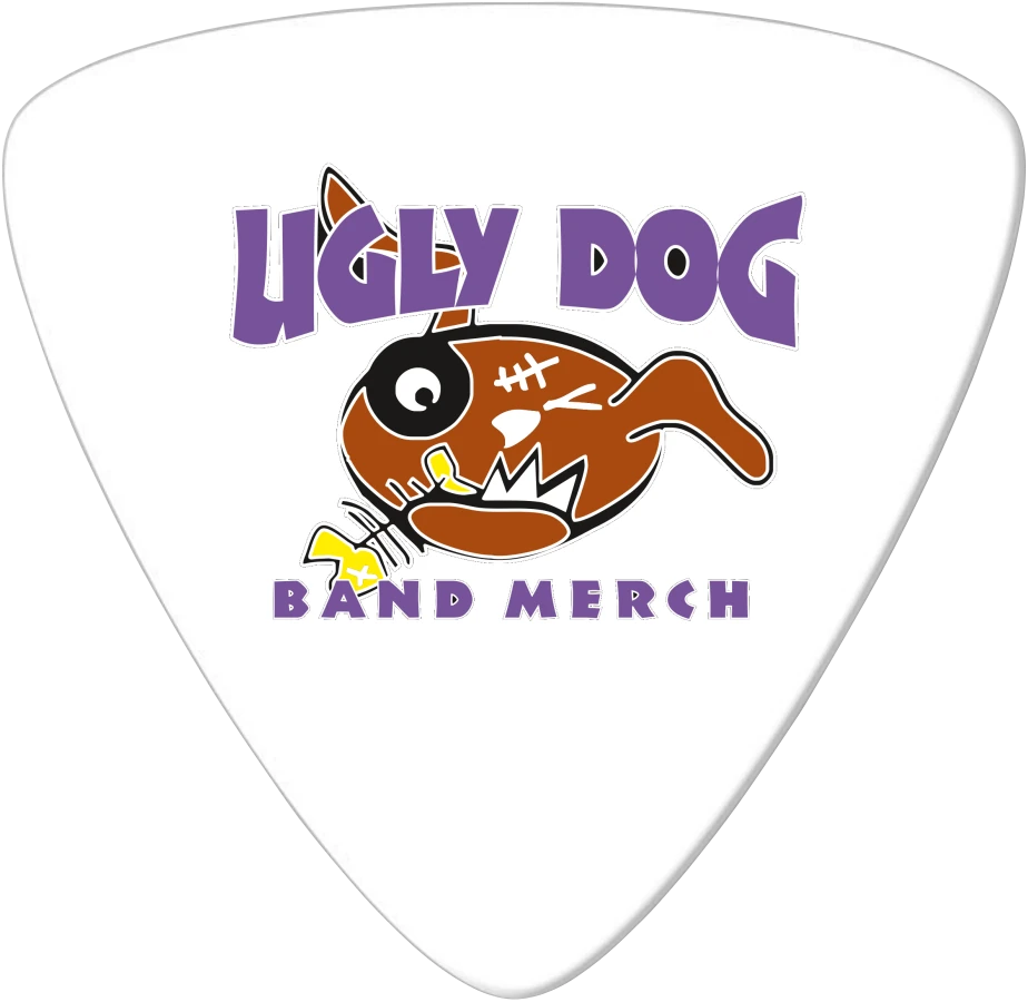 White Large Triangle Celluloid pick with a full-colour Ugly Dog artwork example.