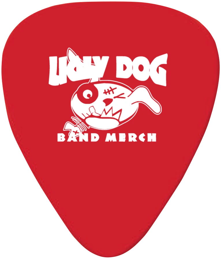 Red 351 Delrin pick with a white single-colour Ugly Dog artwork example.