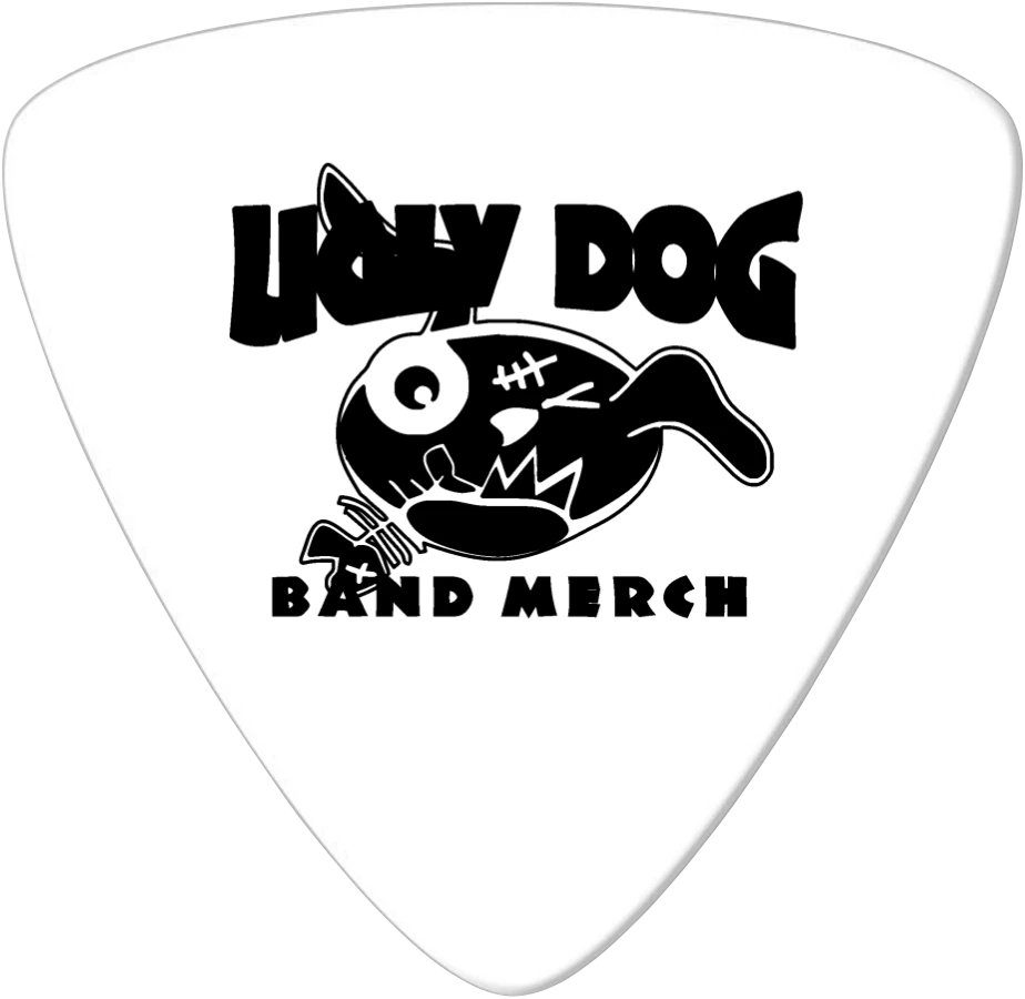 White Large Triangle Celluloid pick with a black single-colour Ugly Dog artwork example.