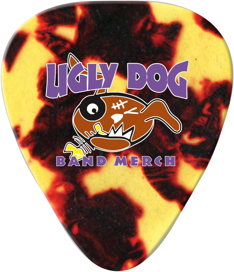 Tortoiseshell-pattern Vintage Celluloid pick with a full-colour Ugly Dog artwork example.