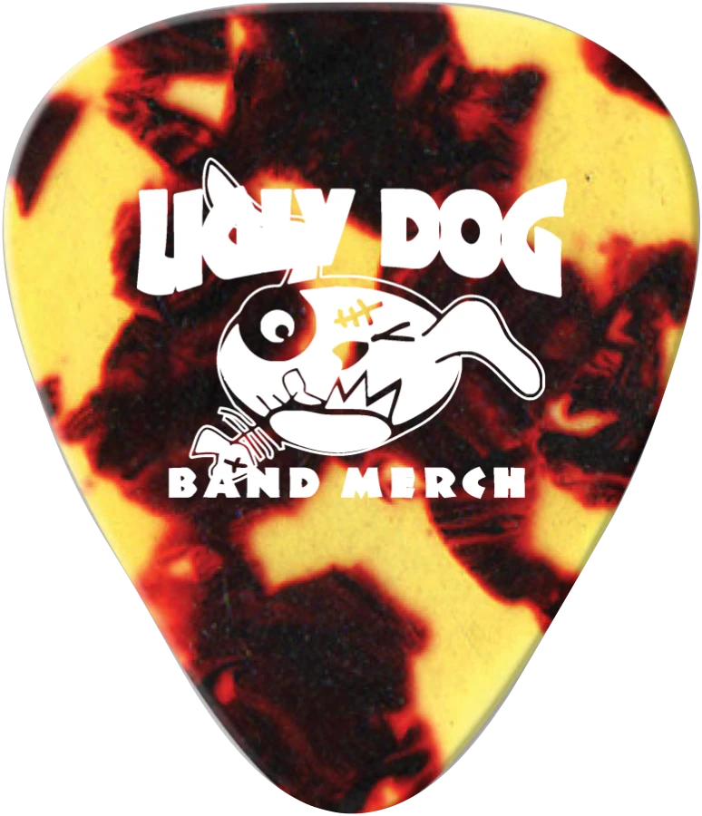 Tortoiseshell-pattern Vintage Celluloid pick with a white single-colour Ugly Dog artwork example.