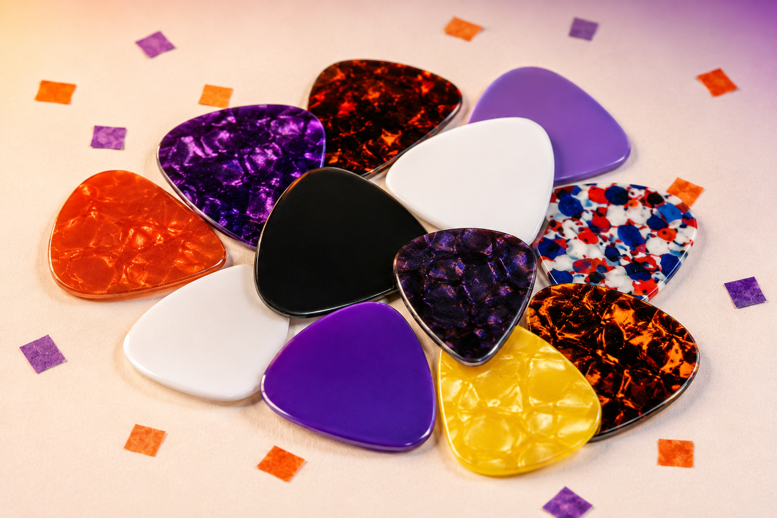 Twelve glossy Celluloid guitar picks in a surprise assortment of colours