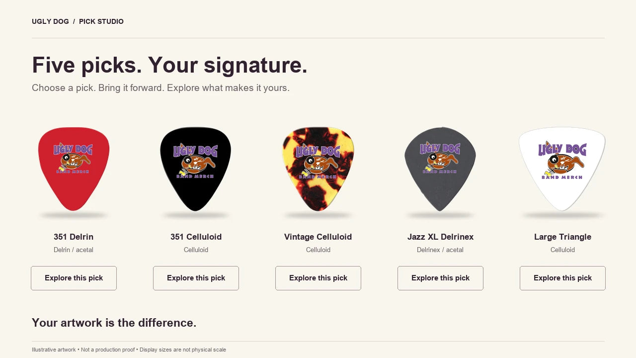 Five custom guitar picks: 351 Delrin, Standard 351 Celluloid, Vintage Celluloid, Jazz XL Delrinex and Large Triangle Celluloid.