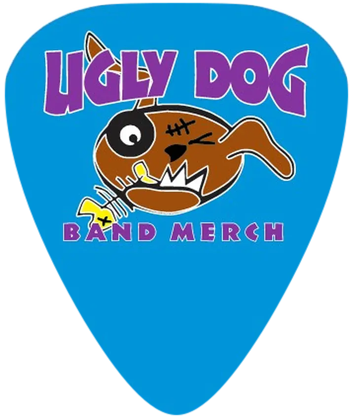 Blue pick with a finished full-colour Ugly Dog print