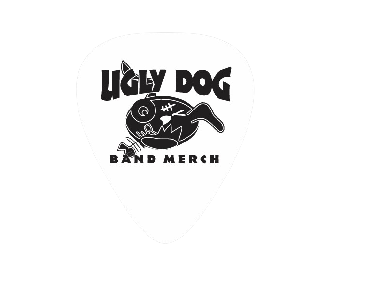 White guitar pick printed with the black Ugly Dog logo